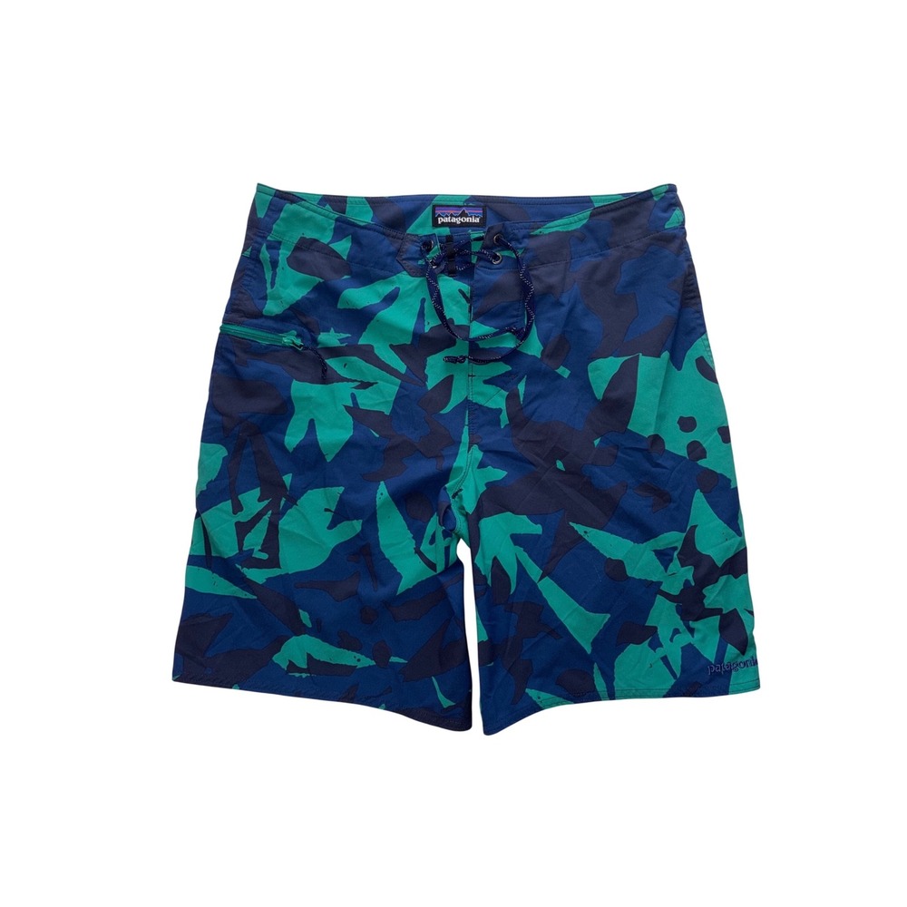 PATAGONIA Hydropeak Board Shorts Mens 34 Blue Green Abstract Camo Swim Trunks